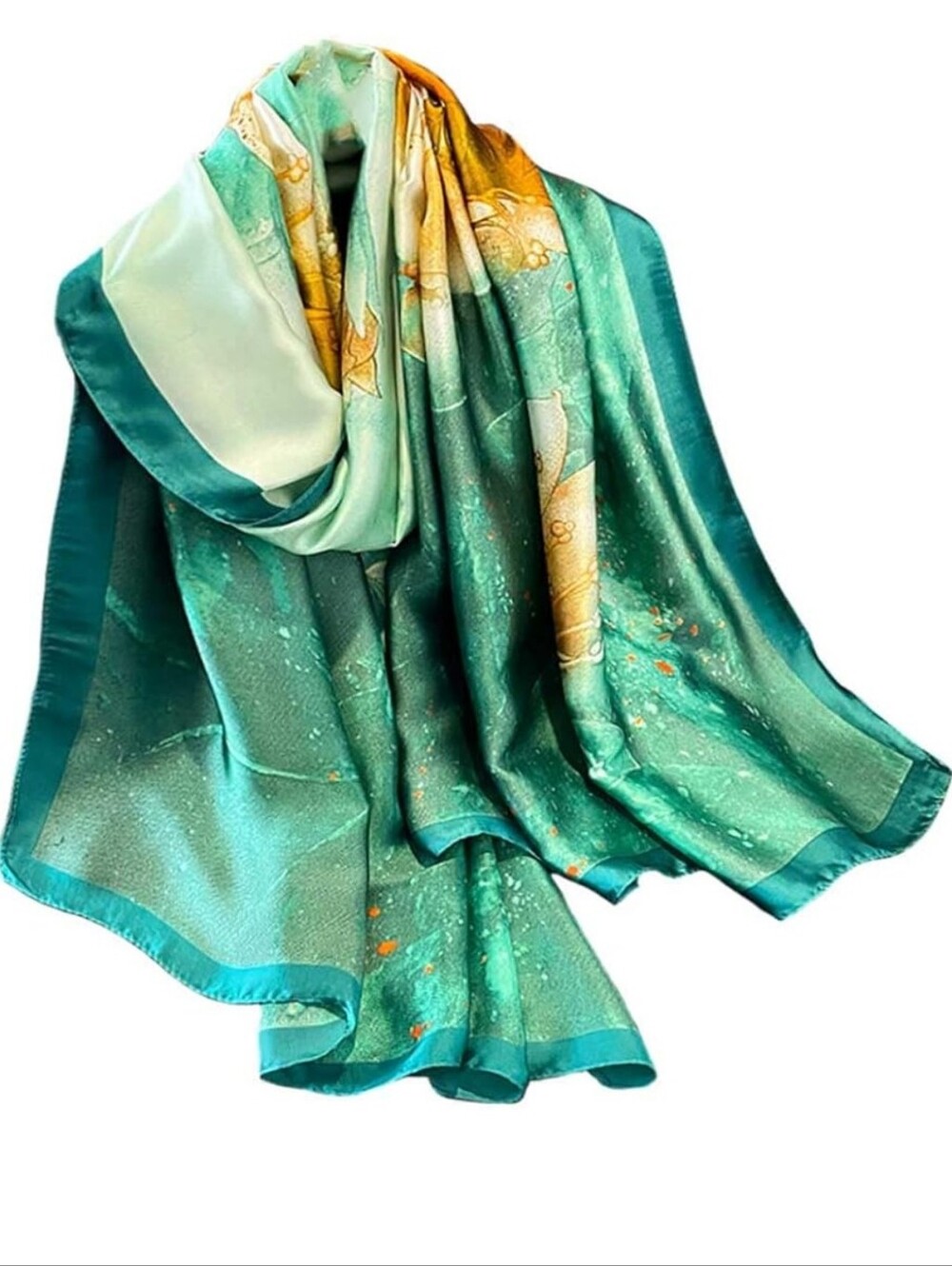 Silk-Feel Green Floral Print Women's Scarf